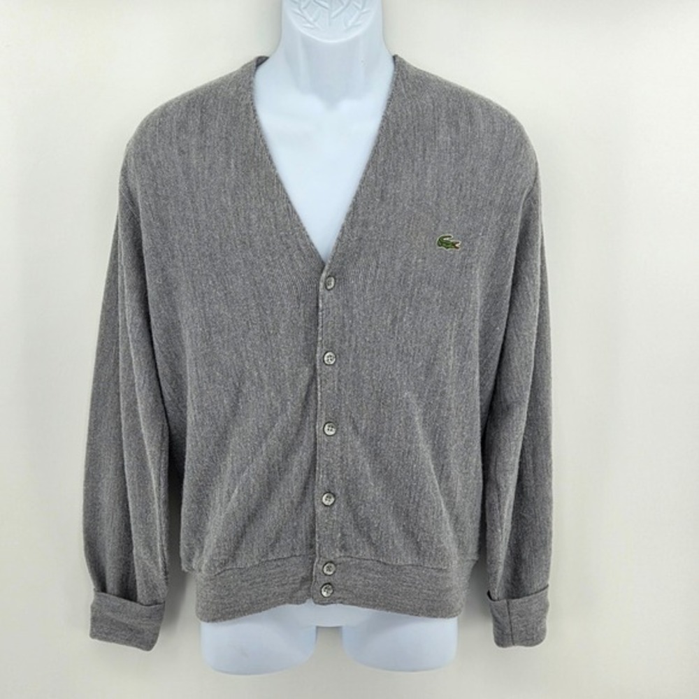 Izod Lacoste Vintage Gray Grandpa V-Neck Cardigan Sweater Mens Medium USA Made